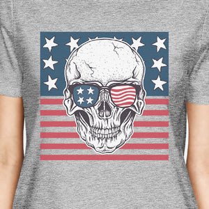 Skull American Flag Shirt Womens Grey Round Neck Tee US Army Gift - 365INLOVE