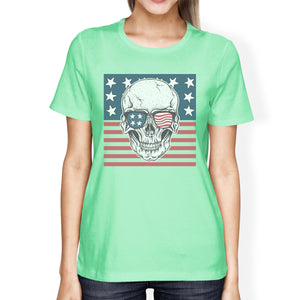 Skull American Flag Tee Womens Mint Round Neck US Army Gifts - 365INLOVE