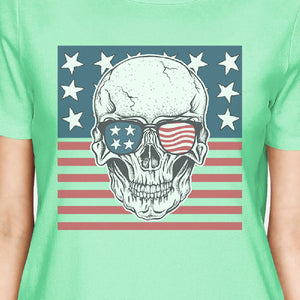 Skull American Flag Tee Womens Mint Round Neck US Army Gifts - 365INLOVE