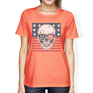 Skull American Flag Tee Womens Peach Round Neck US Army Gifts - 365INLOVE