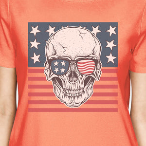 Skull American Flag Tee Womens Peach Round Neck US Army Gifts - 365INLOVE