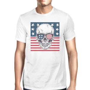 Skull American Flag Shirt Mens White Round Neck Tee Gifts For Dad - 365INLOVE