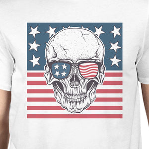 Skull American Flag Shirt Mens White Round Neck Tee Gifts For Dad - 365INLOVE