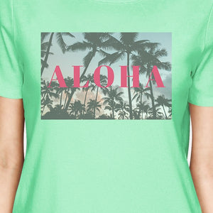 Aloha Letter Printed Womens Mint Tropical T-Shirt Round Neck Cotton