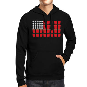 Beer Pong Funny American Flag Design Unisex Black Pullover Hoodie - 365INLOVE