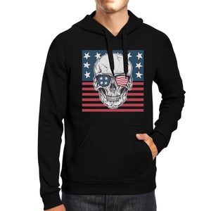 Skull American Flag Unisex Black Hoodie Round Neck Pullover Fleece - 365INLOVE