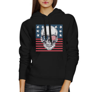 Skull American Flag Unisex Black Hoodie Round Neck Pullover Fleece - 365INLOVE