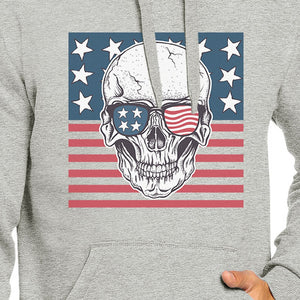 Skull American Flag Unisex Grey Hoodie Round Neck Pullover Fleece - 365INLOVE