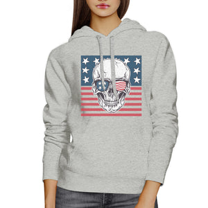 Skull American Flag Unisex Grey Hoodie Round Neck Pullover Fleece - 365INLOVE