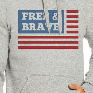 Free & Brave Us Flag Unisex Grey Hoodie Round Neck Pullover Fleece - 365INLOVE