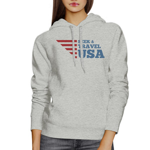 Seek & Travel USA Unisex Graphic Hoodie Gray Round Neck Fleece Top - 365INLOVE