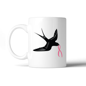 Pink Ribbon And Swallows Birds White Mug