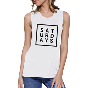 Saturdays Womens White Muscle Top Trendy Typography Workout Shirt - 365INLOVE