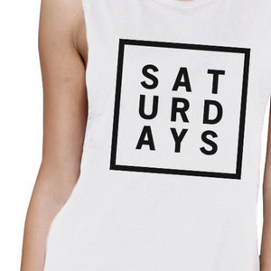 Saturdays Womens White Muscle Top Trendy Typography Workout Shirt - 365INLOVE