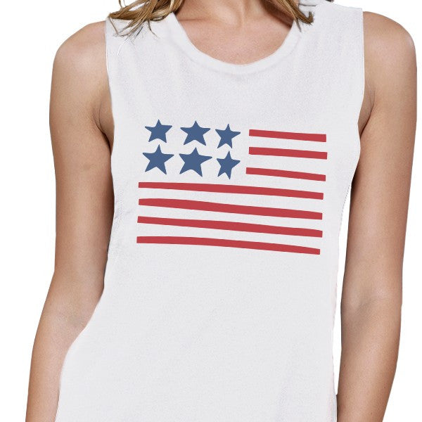 USA Flag Women White Graphic Cotton Muscle Tee For Independence Day - 365INLOVE