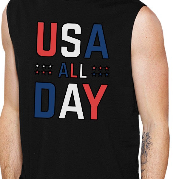 USA All Day Mens Black Sleeveless Muscle Tee Unique Workout Tanks - 365INLOVE