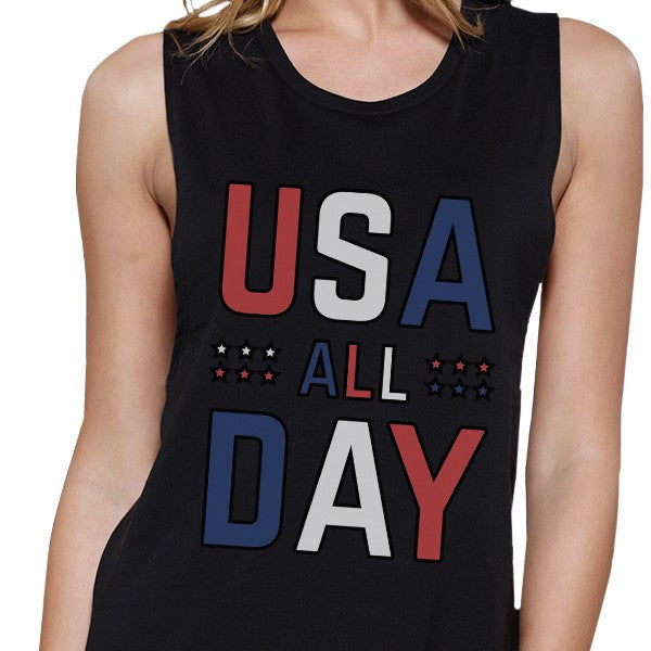 USA All Day Womens Black Sleeveless Muscle Tee Unique Workout Tanks - 365INLOVE