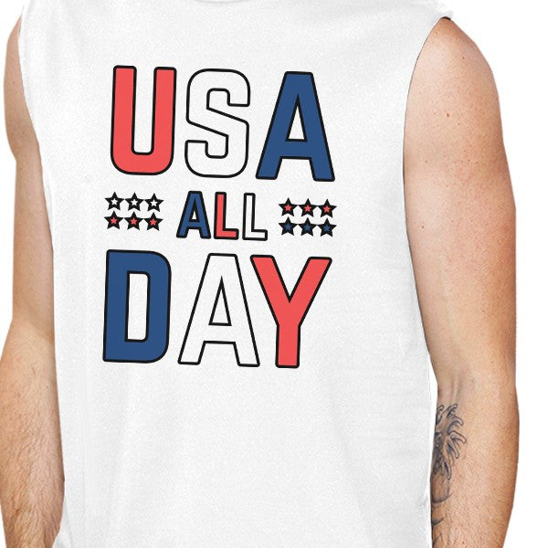 USA All Day Men White Cotton Muscle Top Cute 4th Of July Design Top - 365INLOVE
