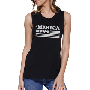 'Merica Womens Black Cotton Muscle Tee American Flag With Heart - 365INLOVE
