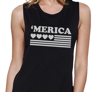 'Merica Womens Black Cotton Muscle Tee American Flag With Heart - 365INLOVE