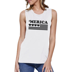 'Merica Womens White Graphic Muscle Top Gift For Independence Day - 365INLOVE