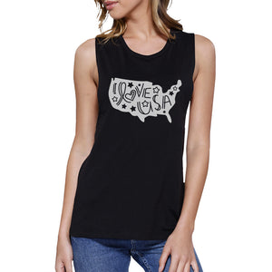 I Love USA Map Womens Black Muscle Tee Cute Letter Printing Design - 365INLOVE