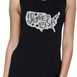 I Love USA Map Womens Black Muscle Tee Cute Letter Printing Design - 365INLOVE