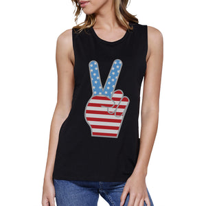 American Flag Cute Peace Sign 4th Of July Women Black Muscle Tee - 365INLOVE