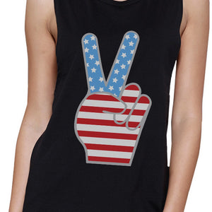 American Flag Cute Peace Sign 4th Of July Women Black Muscle Tee - 365INLOVE