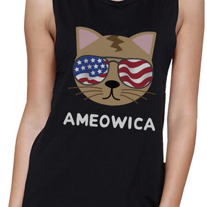 Ameowica Womens Black Graphic Muscle Top Cute Cate Design Tanks - 365INLOVE