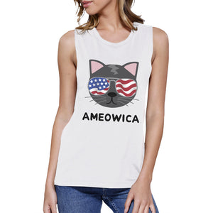 Ameowica Womens White 4th Of July Muscle Tank Top For Cat Lovers - 365INLOVE