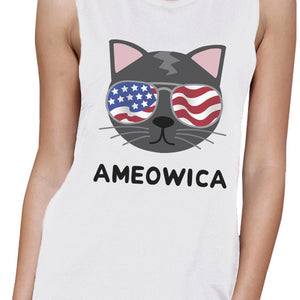 Ameowica Womens White 4th Of July Muscle Tank Top For Cat Lovers - 365INLOVE