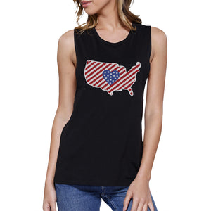 USA Map With Heart Shape American Flag Graphic Muscle Tee For Women - 365INLOVE