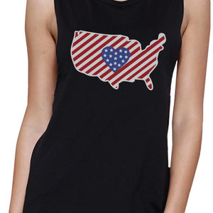 USA Map With Heart Shape American Flag Graphic Muscle Tee For Women - 365INLOVE