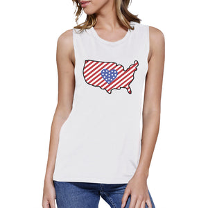 USA Map Cute American Flag With Heart Womens White Muscle Tanks - 365INLOVE