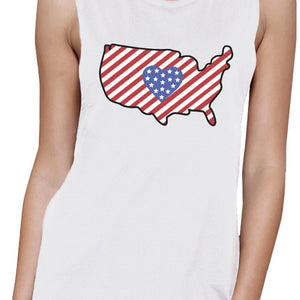 USA Map Cute American Flag With Heart Womens White Muscle Tanks - 365INLOVE