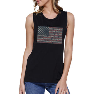 50 States Us Flag Womens Black Muscle Top Cap Sleeve For 4 Of July - 365INLOVE