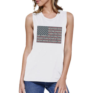 50 States Us Flag Womens White Muscle Top Cap Sleeve For 4 Of July - 365INLOVE