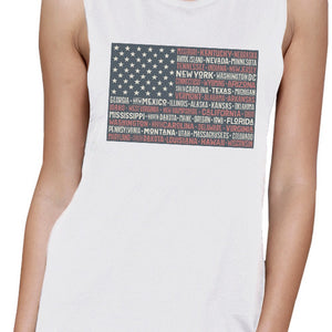 50 States Us Flag Womens White Muscle Top Cap Sleeve For 4 Of July - 365INLOVE