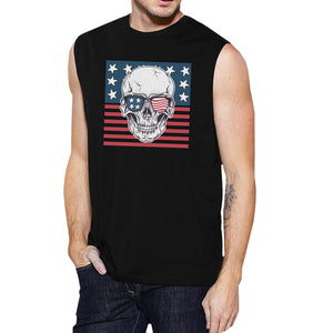 Skull American Flag Mens Black Muscle Tee Crew Neck Line Cotton - 365INLOVE