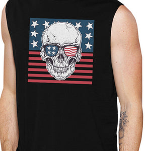 Skull American Flag Mens Black Muscle Tee Crew Neck Line Cotton - 365INLOVE