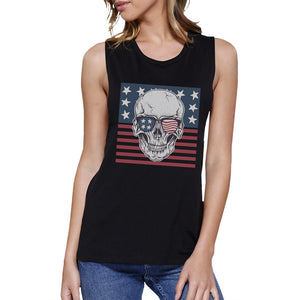 Skull American Flag Womens Black Muscle Tee Crew Neck Line Cotton - 365INLOVE