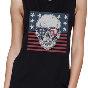 Skull American Flag Womens Black Muscle Tee Crew Neck Line Cotton - 365INLOVE