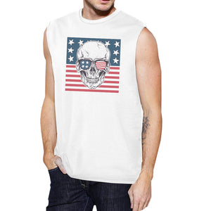 Skull American Flag Mens White Muscle Tee Crew Neck Line Cotton - 365INLOVE