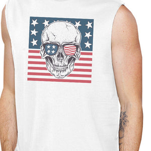 Skull American Flag Mens White Muscle Tee Crew Neck Line Cotton - 365INLOVE