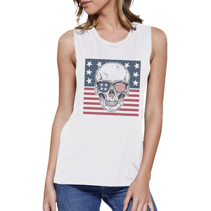 Skull American Flag Womens White Muscle Tee Crew Neck Line Cotton - 365INLOVE