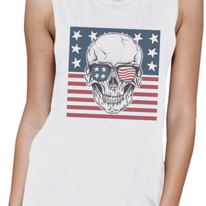 Skull American Flag Womens White Muscle Tee Crew Neck Line Cotton - 365INLOVE