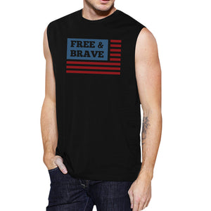 Free & Brave Us Flag Mens Black Funny Muscle Tank Top Crewneck Line - 365INLOVE