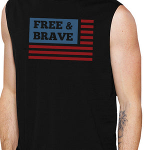 Free & Brave Us Flag Mens Black Funny Muscle Tank Top Crewneck Line - 365INLOVE