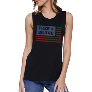 Free & Brave Us Flag Womens Black Funny Muscle Tanks Crewneck Line - 365INLOVE